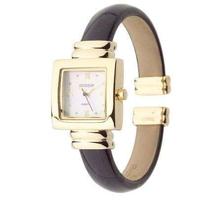 Lady's Goldtone & Black ,Square Case, Mother-of-Pearl, Cuff Watch