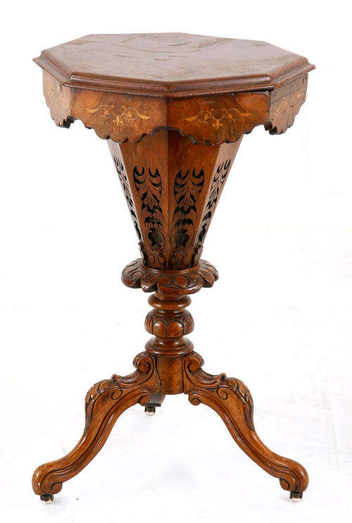 A VICTORIAN OAK, WALNUT AND INLAID SEWING TABLE,19TH CENTURY