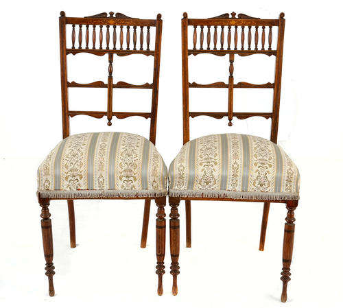 A PAIR OF LATE VICTORIAN WALNUT AND INLAID DINING CHAIRS