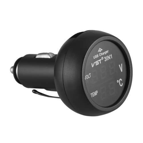 3 in1 Digital LED USB Car Charger, Voltmeter Thermometer ,Car Battery Monitor 12V B