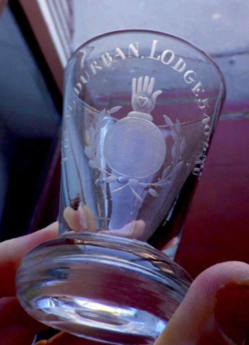 Set of Four Crystal Engraved Masonic "Ships glasses" Durban Lodge.