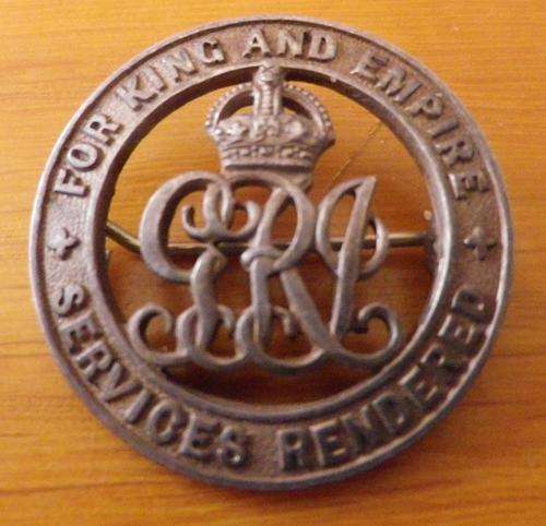 WW1 Silver "For King and Empire. Services rendered" Badge for returning or wounded servicemen.