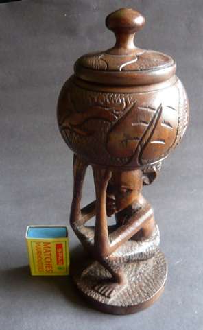 Mahoganey carved figure with bowl. Elephants carved on bowl