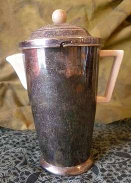 Silver Plate Art Deco Coffee pot 1930's . Metal with Ceramic inside. Repaired lid. 30cm tall