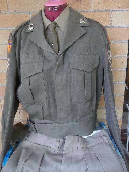 A MILITARY POLICE BUNNYJACKET WITH INSIGNIA,SHIRT, TIE,& TROUSER-LOW START!