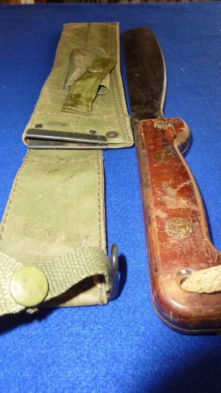 2) A RHODESIAN ISSUE-RLI- VIETNAM-MA 72 MACHETTE WITH OLIVE DRAP SHEATH WITH WOODEN HANDLE-4 RIVETS-