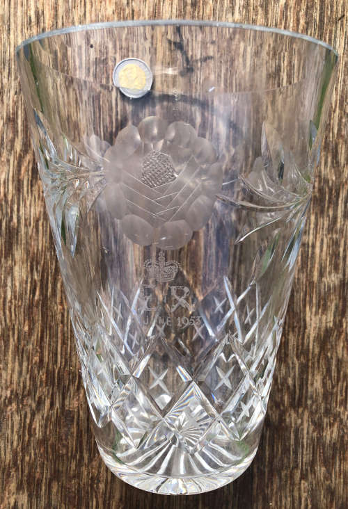 CRYSTAL VASE ROSE CUT QUEEN`S CORONATION 2ND JUNE 1953