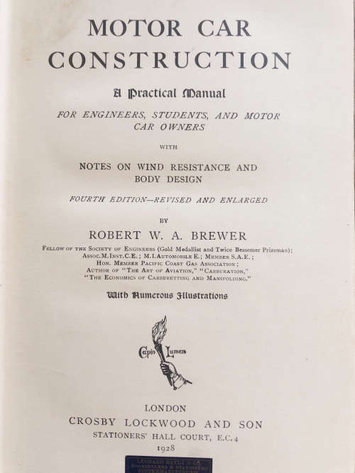 1928 MOTOR CAR CONSTRUCTION BY ROBERT W A BREWER FIRST EDITION