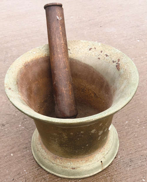 NUMBER 8 COPPER PLATED CAST IRON MORTAR AND WOODEN PESTLE