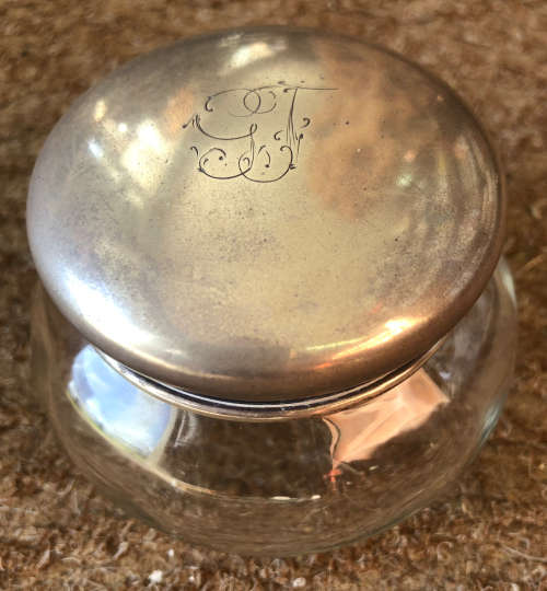 ANTIQUE JEWELRY BOWL WITH HALL MARKED SILVER TOP