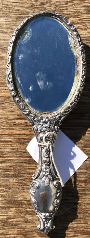 SILVER WITH TYPICAL BEVELED GLASS LADIES MIRROR