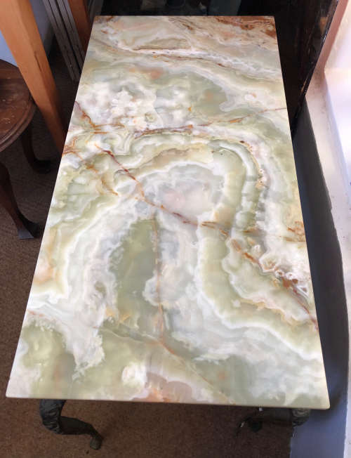 ONYX WITH TYPICAL DECORATIVE BRASS LEGS COFFEE TABLE