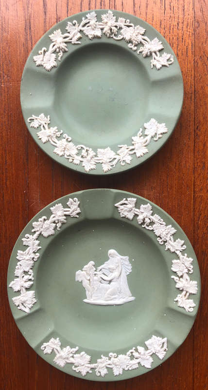 WEDGWOOD JASPERWARE SET OF TWO SAGE GREEN ASHTRAYS