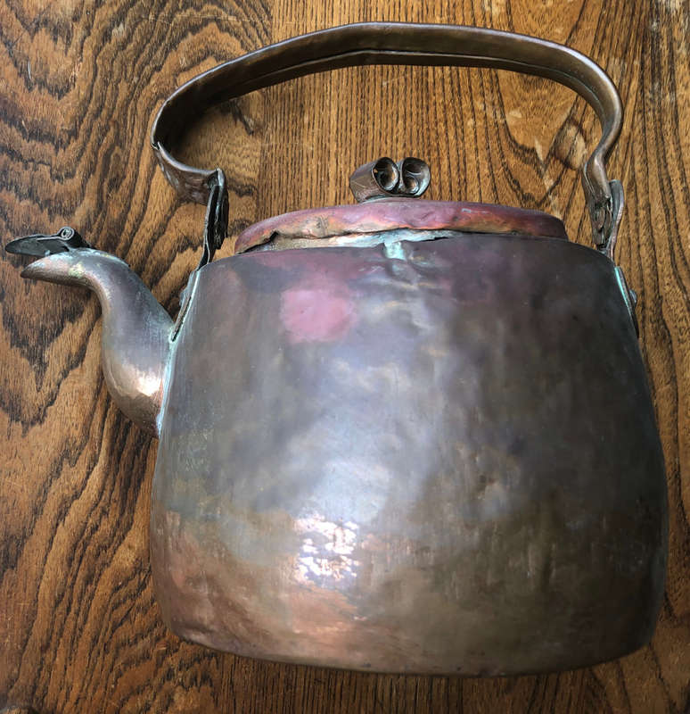 COPPER HAND MADE GOOSE NECK KETTLE EARLY CAPE SIGNED K.K.E USED BY HUNTERS AND PROSPECTORS