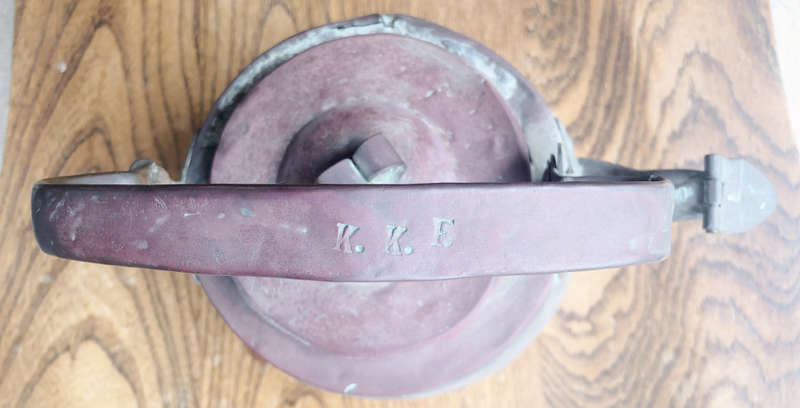 COPPER HAND MADE GOOSE NECK KETTLE EARLY CAPE SIGNED K.K.E USED BY HUNTERS AND PROSPECTORS