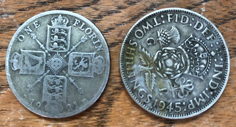 SILVER BRITISH TWO SHILLINGS 1921 AND 1945