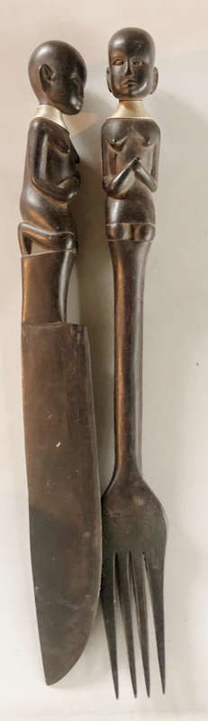 AFRICAN LARGE WOOD CARVING OF KNIFE AND FORK SET