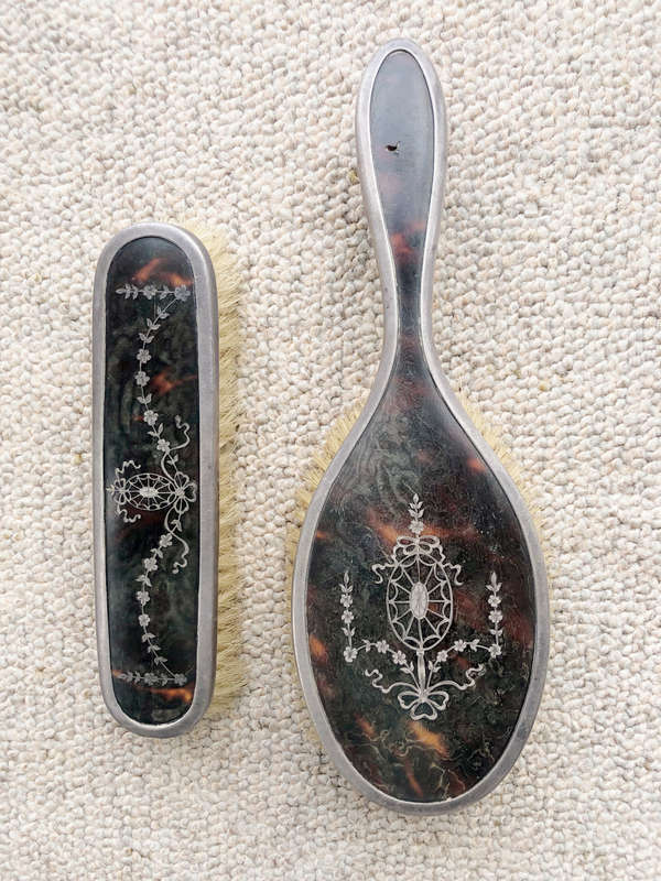 SILVER HALLMARKED GROOMING SET WITH TWO INLAID BRUSHES