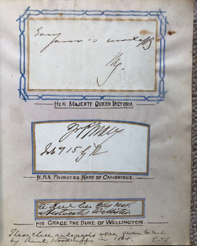 ALBUM CONTAINING QUEEN VICTORIA`S SIGNATURE, PENCIL DRAWINGS EMBOSSED STAMPS ET AL