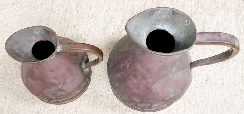 MEASURE JUGS LARGE PAIR COPPER SIGNED GALLON AND TWO GALLON