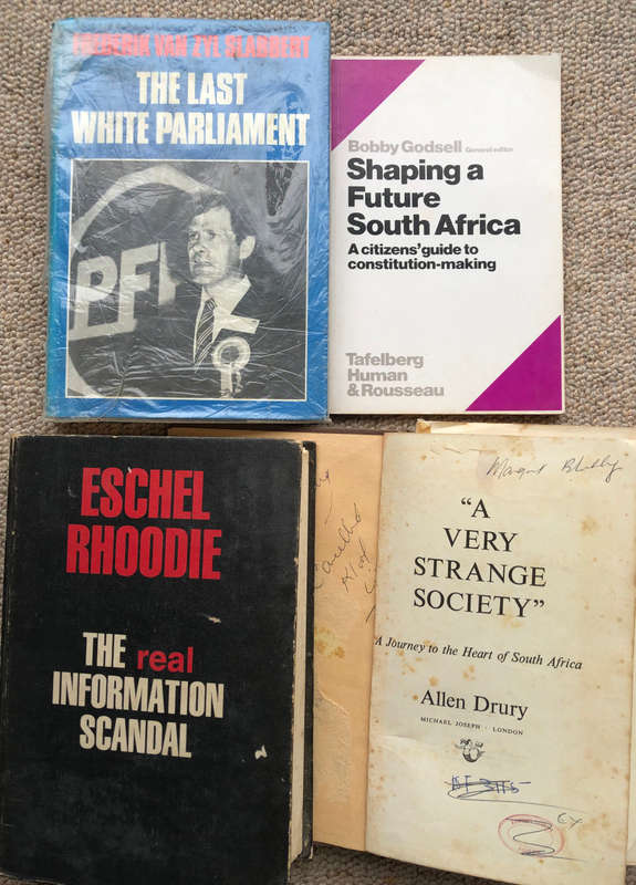 INFORMATION SCANDAL BY ESCHEL RHOODIE, A VERY STRANGE SOCIETY BY ALLEN DRURY AND 2 OTHER BOOKS