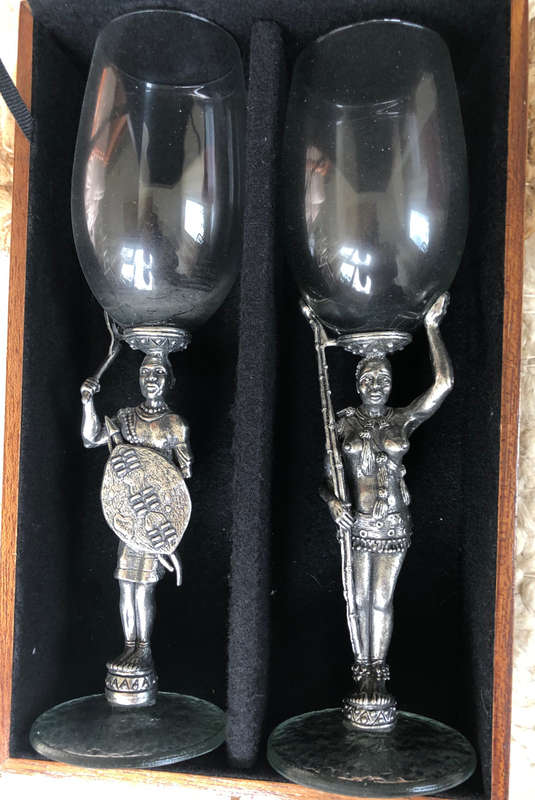 AFRICAN LARGE METAL AND GLASS FIGURE GOBLETS PAIR PRESENTATION BOX