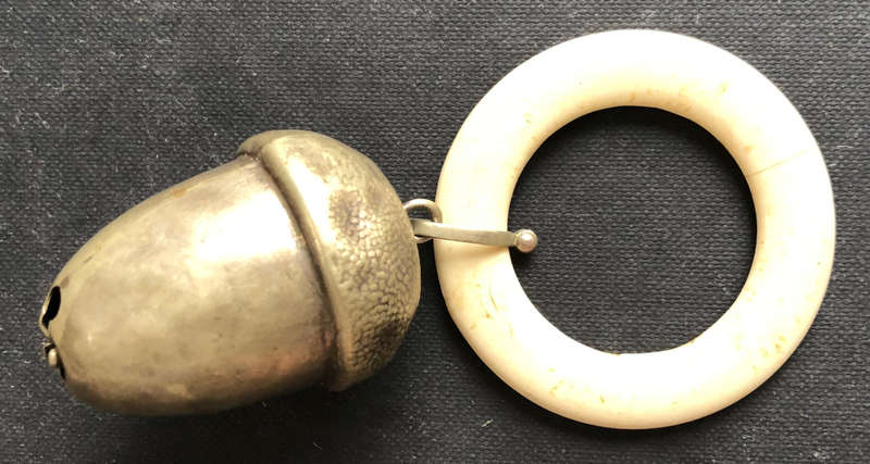SILVER PLATED VINTAGE ACORN BABIES RATTLE WITH BELL AND TEETHING RING