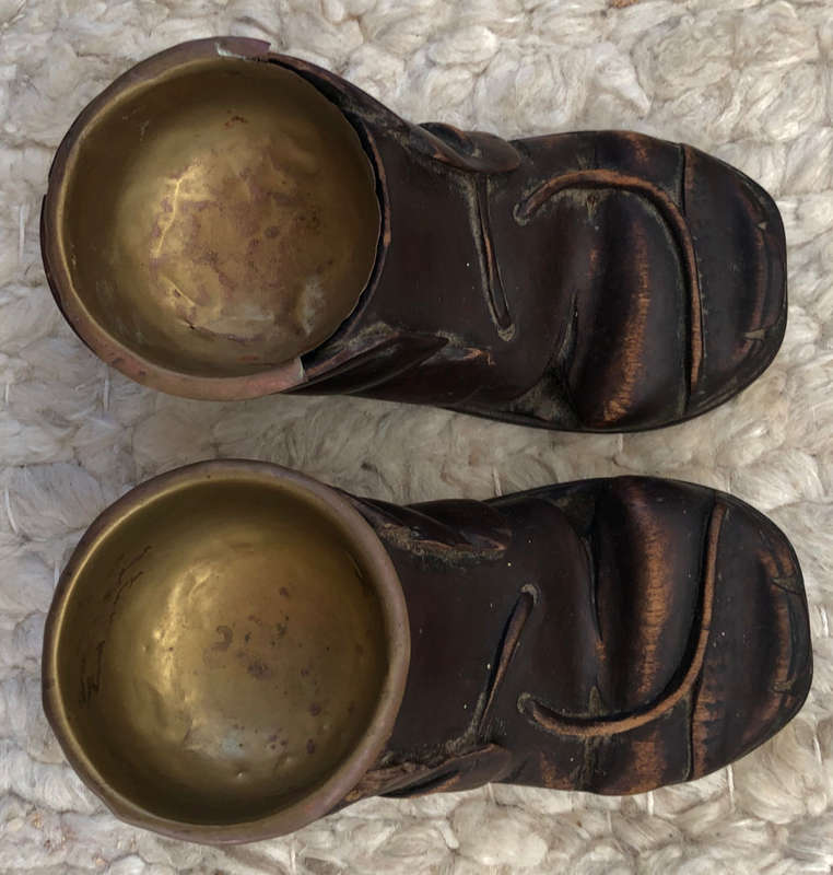 CARVED ANTIQUE PAIR OF WOODEN BOOTS WITH BRASS INSERT