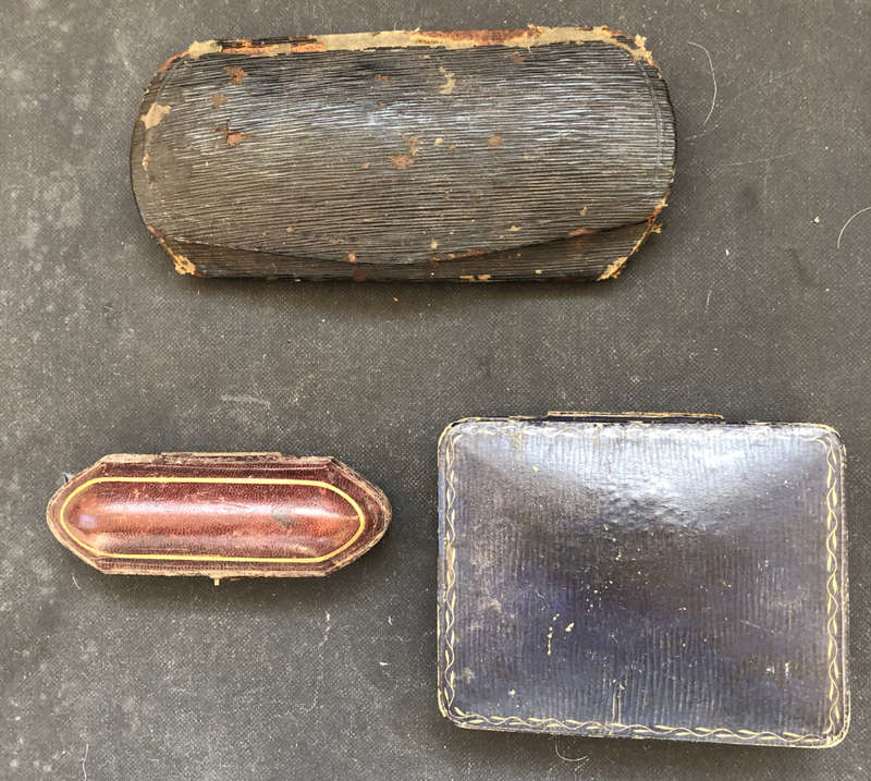 JEWELRY BOXES TWO AND SPECTACLE CASE ANTIQUE