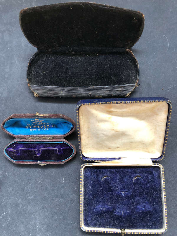 JEWELRY BOXES TWO AND SPECTACLE CASE ANTIQUE