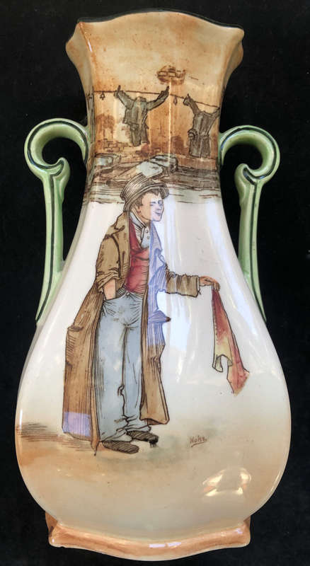 ROYAL DOULTON DICKENSWARE PAIR THE ARTFUL DODGER AND SAIREY GAMP DOULTON A VASES 1894