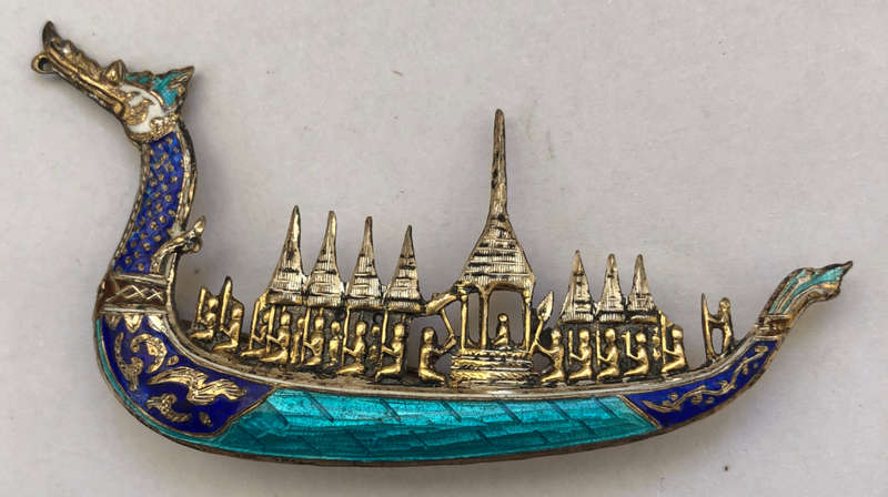 BROOCH SIAM STERLING SILVER AND ENAMEL ROYAL TEMPLE DRAGON BOAT