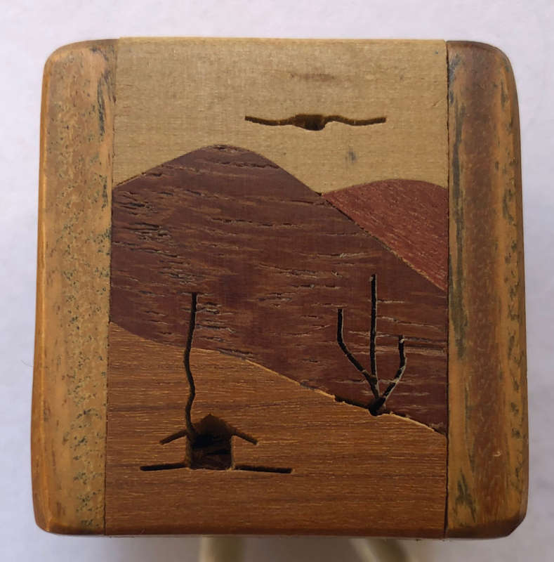 JEWELLRY RING OR EARRING WOODEN INLAID BOX BOTTOM LINED WIH LLAMA FABRIC HAND MADE AND SIGNED SIWOK