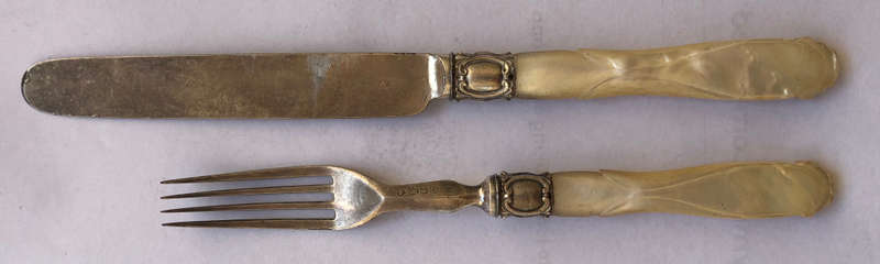 KNIFE AND FORK SET MOTHER OF PEARL HANDLES SILVER PLATE