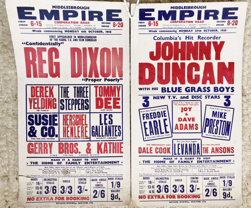 POSTERS PAIR ORIGINAL LARGE VINTAGE MIDDLESBROUGH EMPIRE VARIETY SHOWS LIVE GIGS & ROCK BANDS 1950`s
