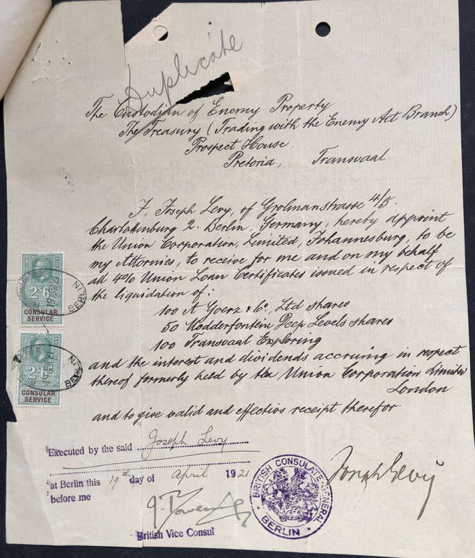 STAMPS BRITISH CONSULAR SERVICE 2 x 2/6 DOCUMENT CUSTODIAN OF ENEMY PROPERTY 1921