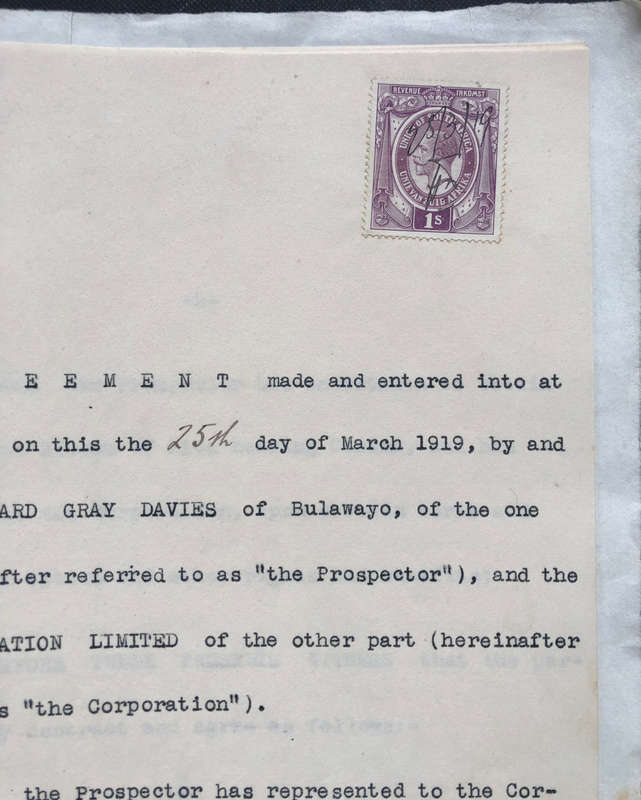 UNION OF SOUTH AFRICA ONE SHILLING REVENUE STAMP 1919 ON DOCUMENT OF AGREEMENT