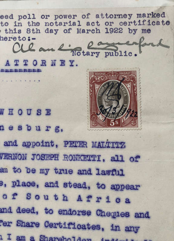 STAMPS 1922 5 SHILLINGS UNION OF SOUTH AFRICA ON POWER OF ATTORNEY AND ONE SHILLING
