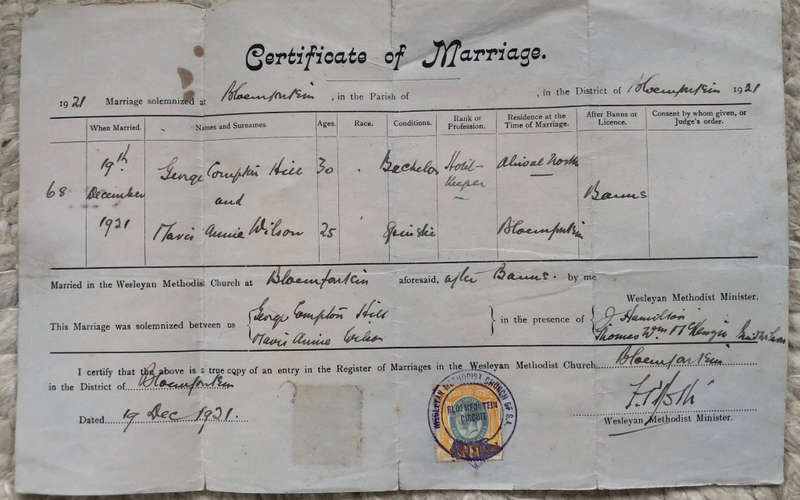 CERTIFICATE OF MARRIAGE 1921 WITH UNION OF SOUTH AFRICA REVENUE STAMP