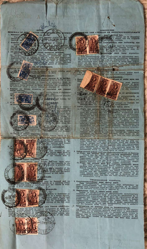 STAMPS UNION OF SOUTH AFRICA 1945 VARIOUS ON REAR OF MOTOR VEHICLE LICENCE REGISTRATION CERTIFICATE