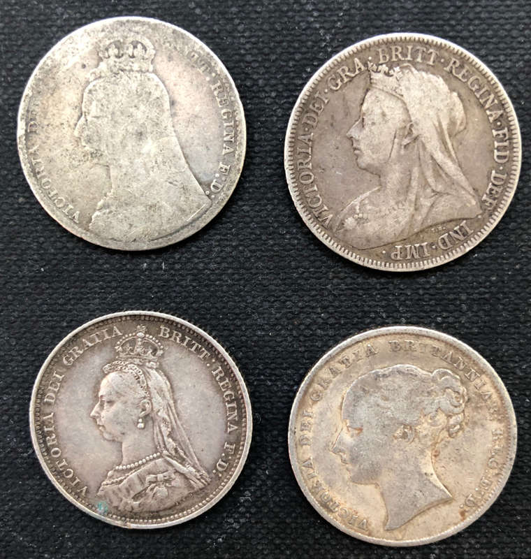 SILVER COLLECTION UK SHILLINGS FOUR 1846, 1887, 1889 AND 1896