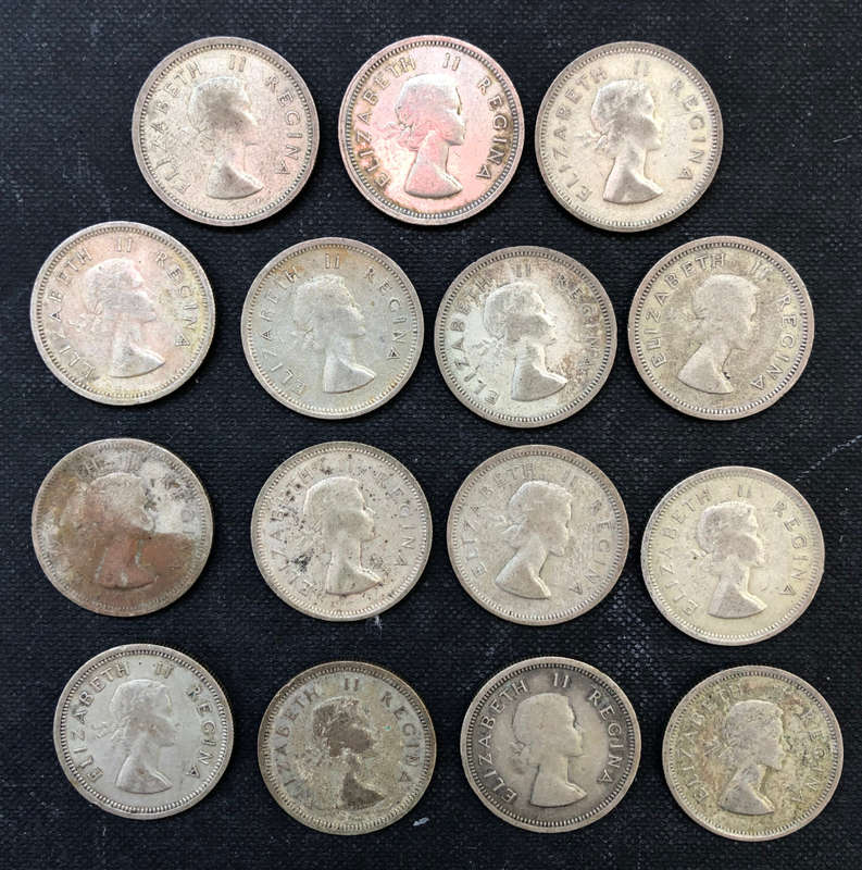 SILVER COLLECTION OF 15 UNION OF SOUTH AFRICA ONE SHILLING COINS FROM 1954 TO 1960