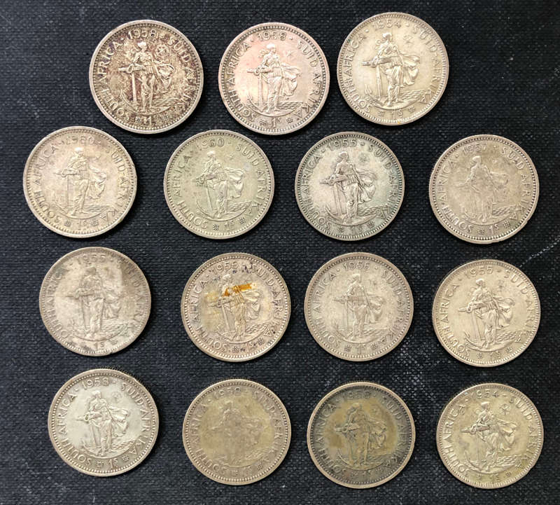 SILVER COLLECTION OF 15 UNION OF SOUTH AFRICA ONE SHILLING COINS FROM 1954 TO 1960