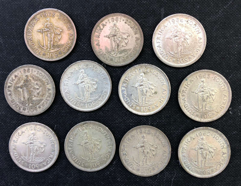 SILVER COLLECTION OF 11 REPUBLIC OF SOUTH AFRICA FROM 1961 TO 1964 10 CENT COINS