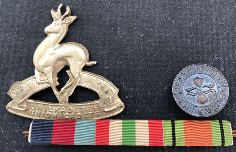 MEDAL BAR, SOUTH AFRICAN WOMENS AUXILIARY BROOCH AND UNION CADETS CAP BADGE