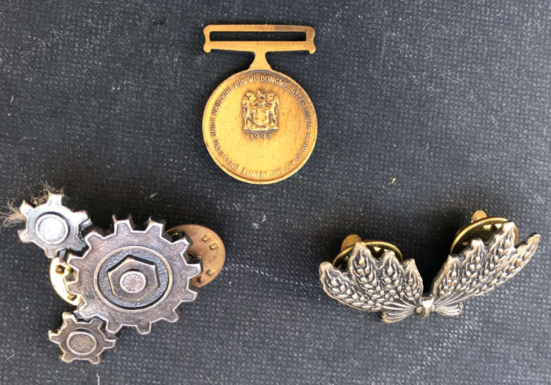 SADF MINIATURE MEDAL AND TWO MILITARY? LAPEL PINS