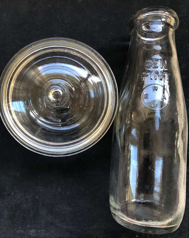 GLASS MILK BOTTLE AND BUTTER DISH