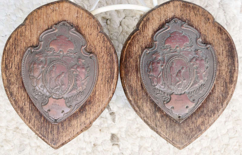 BOWLING PLAQUES PAIR BOB MITCHELL MEMORIAL 1940 & 1941 IN OAK AND COPPER