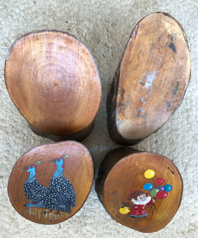 DOOR STOPS WOODEN SHAPED AND DECORATED VINTAGE SET OF FOUR