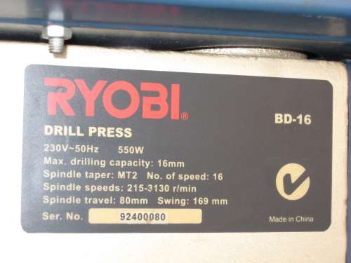 Bench Top Drill Press - Ryobi BD-16 - Chuck 16mm - Height 1 m - 46 Kg - Collection in Pretoria ONLY